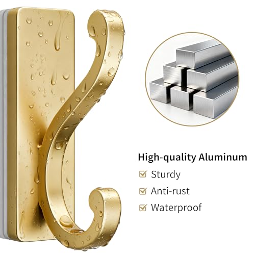 6 Pack Self Adhesive Coat Hooks - Gold Wall Hooks Wall Mount. - color: Gold