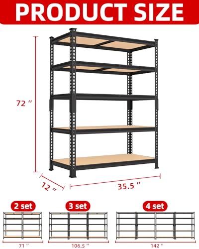 PrimeZone 5-Tier Garage Storage Shelves, Adjustable Metal Shelving, Black - size: 35.5"W x 12"D x 72"H