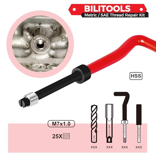BILITOOLS M7x1.0 Helicoil Thread Repair Kit Metric, HSS Drill Heli Coil Repair Kit - size: M7 x 1.0, style: Metric