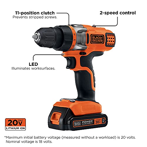 BLACK+DECKER 20V MAX Cordless Drill Driver with Battery and Charger, LED Work Light (LDX220C) - style: Cordless Drill Driver Kit