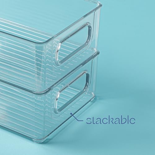 Plastic Food Storage 6 Pack Clear Container Bin with Handles for Organizing Kitchen, Pantry, Refrigerator, Freezer, Pantry, Cabinet, Closet, Bathroom. Stackable 10”x6”x3” - size: 10x6x3