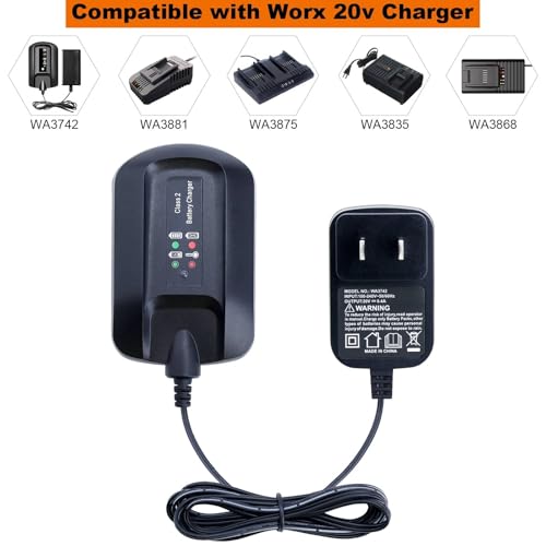 Replacement for Worx Battery 20V Charger WA3742, 20-Volt Battery Charger Compatible with Worx 20V Battery WA3525 WA3520 WA3578 Charger