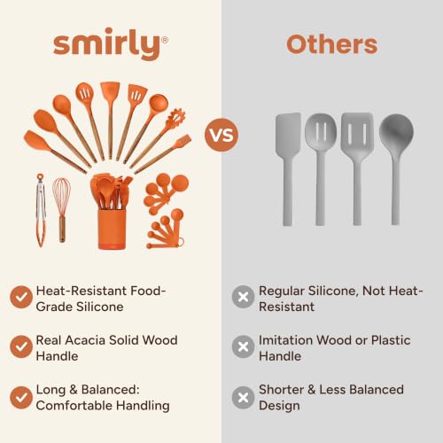 SMIRLY Silicone Kitchen Utensils Set, 22-Piece Acacia Wood Handle, Orange - color: Orange