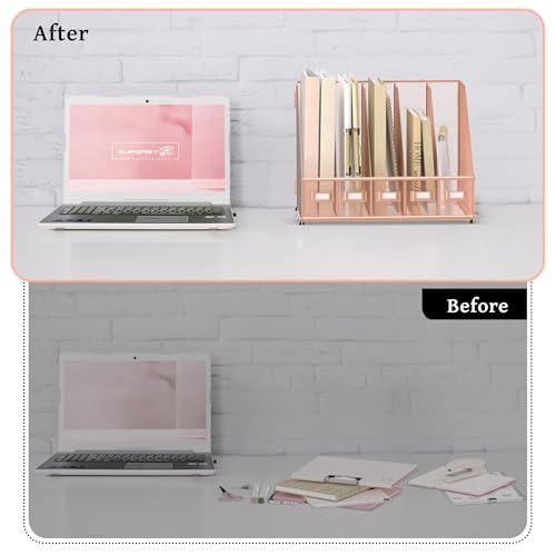 SUPEASY Desk Organizers Metal Desk Magazine File Holder with 5 Vertical Compartments Rack File Organizer for Office Desktop, Home Workspace, Rose Gold - color: Rose Gold, size: Small
