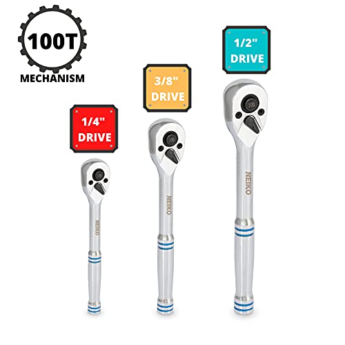 Neiko 03000A 100-Tooth Quick-Release Ratchet-Wrench Set, 1/4-Inch-, 3/8-Inch-, and 1/2-Inch-Drive Ratchets, 3.6-Degree Swing, CrMo Steel, 3-Piece Set - size: 1/4", 3/8", 1/2" Drives, style: Ratchet