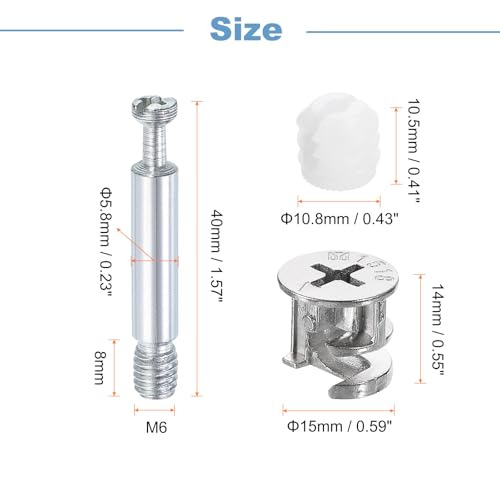 uxcell 10Set 15x14mm Furniture Cam Lock Fitting with 5.8x40mm Dowel Fasteners, 3-in-1 Metal Furniture Board Connecting Screws Bolts Assortment Kit for Cabinets Chairs Drawer - size: 5.8 x 40mm