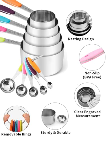 Joyhill Stainless Steel Measuring Cups and Spoons Set of 10 Piece, Nesting Metal Measuring Cups Set with Soft Touch Silicone Handles for Dry and Liquid Ingredients, Cooking & Baking (Colorful) - color: a)Stainless Steel-Colorful