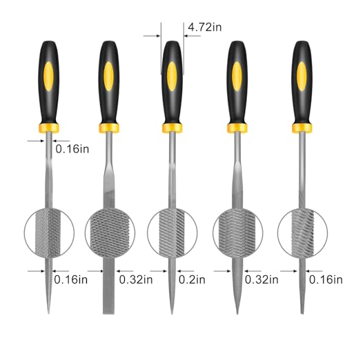 Mini Metal Needle File Set, 5pcs, Small Hand Files Set for Detail and Precise Work, Hardened Alloy Strength Steel File Tools Includes Round, Bi Half-Round, Flat, Square, Triangular File