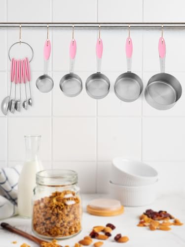Joyhill Stainless Steel Measuring Cups and Spoons Set of 10 Piece, Nesting Metal Measuring Cups Set with Soft Touch Silicone Handles for Dry and Liquid Ingredients, Cooking & Baking (Pink) - color: c)Stainless Steel-Pink