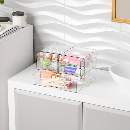 Yieach 4 Pack Clear Stackable Storage Drawers,Pull-Out Medicine Cabinet Organizer and Containers,Large Acrylic Organizers Drawers and Bathroom Closet Organizers for Hair Accessories,Makeup Organizer - style: 4 PACK