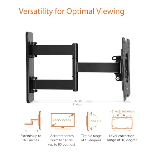 Amazon Basics Full Motion Articulating TV Wall Mount, with Swivel and Tilt, for 26" to 55" TVs and Flat Panels up to 80 Lbs, VESA Compatible, Single Stud, Black - size: 26" to 55", style: Full Motion Articulating