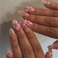 3D Pink FlowerFrench Tip Press on Nails Medium Almond Fake Nails with Flower Designs, Glossy Finished Reusable False Nails with Adhesive Glue Tabs - 24Pcs Nail Kit for Women Manicure - color: pink flower
