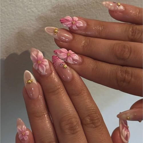 3D Pink FlowerFrench Tip Press on Nails Medium Almond Fake Nails with Flower Designs, Glossy Finished Reusable False Nails with Adhesive Glue Tabs - 24Pcs Nail Kit for Women Manicure - color: pink flower