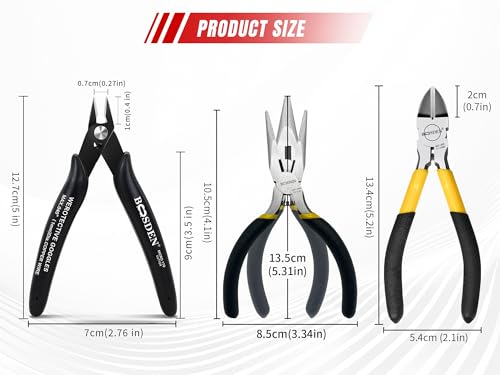 BOOSDEN 3 Pcs Plier Set Flush Cutter, Wire Cutter & Needle Nose 5 Inch - size: 5" Wire Cutter+5" Flush Cutter+5" Needle Nose