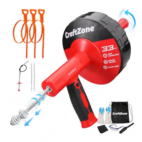 Drain Auger 33 Ft with Easy Cable Rewind System, Plumbing Snake with Drill Adapter, 2026 Upgraded Flexible Spring Steel Drain Cleaner for Kitchen, Bathroom, Shower & Sink