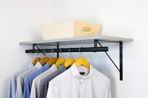 Custom Cut-to-Size Premium Wall-Mounted Shelf with Rod and Bracket Kit. 3/4" Thick Shelves, 14 inches deep. Customize the Length from 16" up to 72". - color: Grey - Black, size: 16 - 44