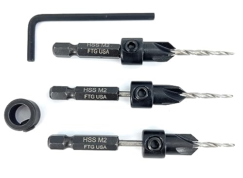 FTG USA #4 (7/64") Wood Countersink Drill Bit 3-Pc Set with 3/8" Depth Stop - size: #4, style: 3 Pc with Depth Stop