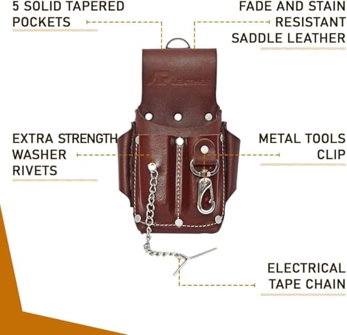 Ap-Leather Pro-5 Electrician Pouch, Leather Tool Pouch, 5 Pocket Pouch with Electrical Tape Holder, Durable Compartments, Tool Pouch with Belt Clip, Dark Brown - color: Maroon