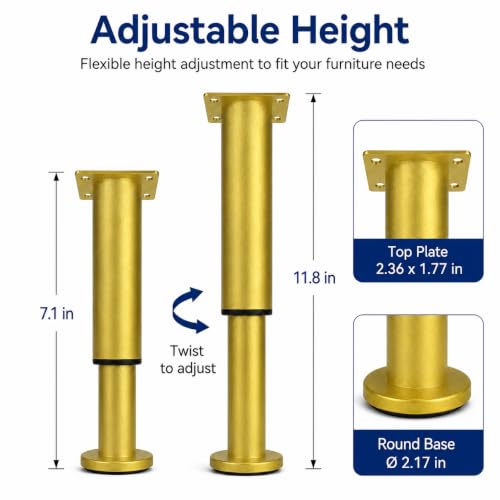 Adjustable Furniture Legs 4 Pack, 7.1 to 11.8 Inch Gold Metal Telescopic Legs with Screws, Height Adjustable Sofa Legs Bed Frame Support Legs for Couch, Cabinet, Table, TV Stand
