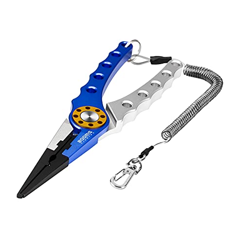 Booms Fishing X1 Aluminum Fishing Pliers Saltwater, Surf Fishing Tackle Kit, Fishing Multitool Hook Remover Braided Fishing Line Cutting and Split Ring with Coiled Lanyard and Sheath - color: Blue(coms 1 Sheath and 1 Lanyard)