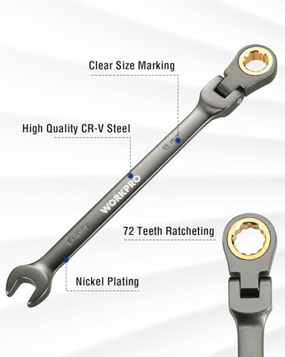 WORKPRO 8 mm Flex-Head Ratcheting Combination Wrench, Nickel Plating - size: 8 mm, style: Nickel Plating