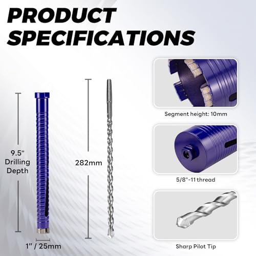 1" Core Drill Bit with Pilot Bit & Adapters(SDS Plus and 1/2" Hex), 5/8"-11 Thread, 9.5" Depth, Upgraded-Welded Segments Diamond Core Bits for Concrete, Masonry, Brick, Stone - size: 1 in