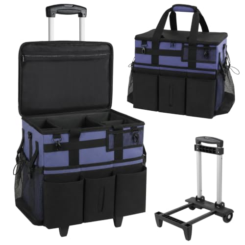 SCAVATA Rolling Cleaning Caddy Bag with Detachable Trolley, Large Cleaning Supplies Organizer with Wheels, Multi-Pocket Cleaning Cart with Adjustable Shoulder Strap for Housekeepers (CeruleanBlue) - color: CeruleanBlue