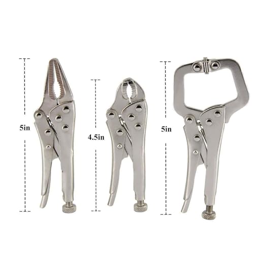 MacWork 3Pcs Mini Locking Plier Set, 4.5in Round Curved Jaw, 5in C-clamp, 5in Long Nose for Grip, Clamp, and Secure
