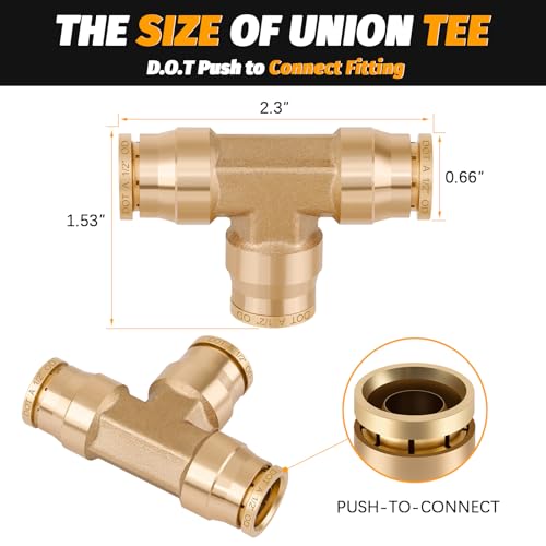 Brass DOT 1/2" Tee Union Quick Push to Connect Air Brake Fitting - color: DOT Union Tee, size: 1/2" Od
