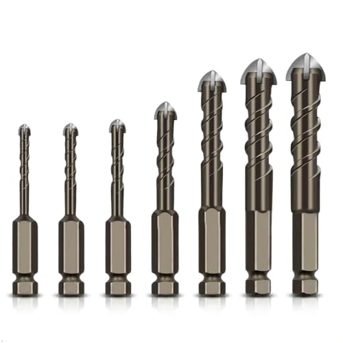 Carbide Tip Tile Drill Bit Set, 7 Piece Cross Head with Hex Shank, 3-12mm, for Ceramic, Glass, Concrete, Brick, Wood, Plastic