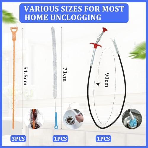 New Upgrade Snake Drain Hair Removal Tool Set, 24.2 Inch Toilet Snake, Hair Drain Clog Remover, Cleaning Brush, Use for Unclog Toilet, Sink, Bathroom Tub