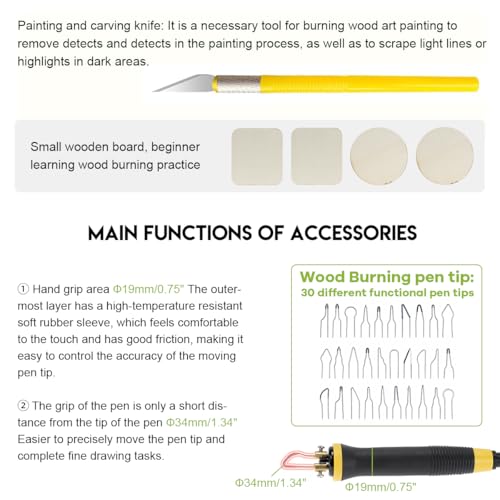 60W Wood Burning Kit, 25~750℃ Adjustable Temperature Pyrography Kit, Wood Burning Tool with 2 Pyrography Pens 30 Wire Nibs, Hat Burning Tool for Wood Leather Gourd Craft