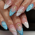 3D Blue Press on Nails Almond Medium French Tip Fake Nails - color: 3D Embossed design 12