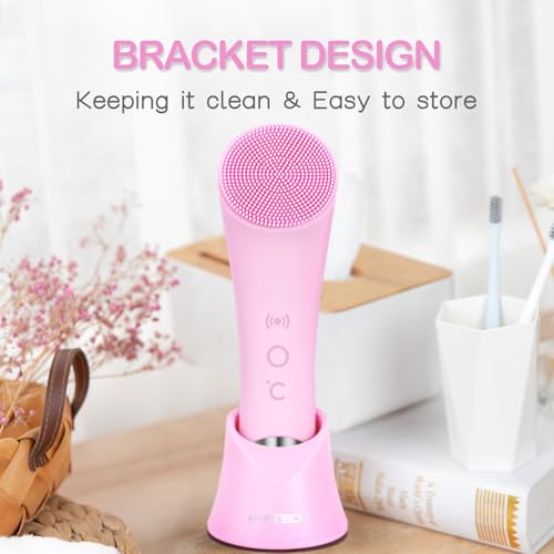 PRITECH Facial Cleansing Brush, Rechargeable Silicone Face Scrubber with Heat Massage End, Vibrating Exfoliator Scrubber for Deep Cleaning, Waterproof Face Brush for Women and Men (Pink) - color: Pink