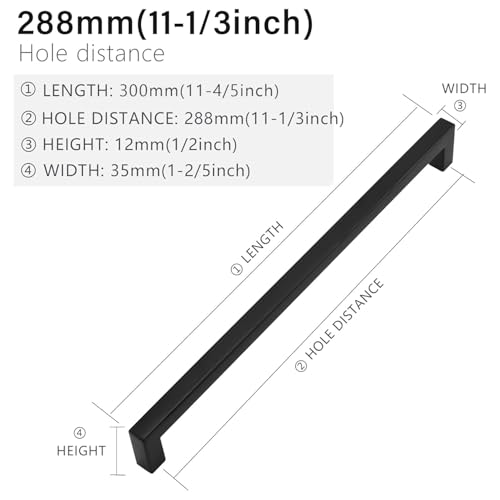 Cabinet Pulls Matte Black Cabinet Handles Square Drawer Pulls, 10 Pack 11-1/3 Inch Stainless Steel Kitchen Door Cupboard Cabinet Handles, Drawer Hardware Handles, 288mm Hole Centers - size: 11-1/3 inch Hole Centers(288mm)