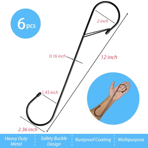 6Pcs S Hooks Hanging 12 inch Heavy Duty Large S Hooks with Safety Buckle, Long S Hook for Hanging Plant, Utility Hooks, Long Heavy Duty Hanging Hooks for Kitchen, Bathroom, Garden, Indoor, Outdoor