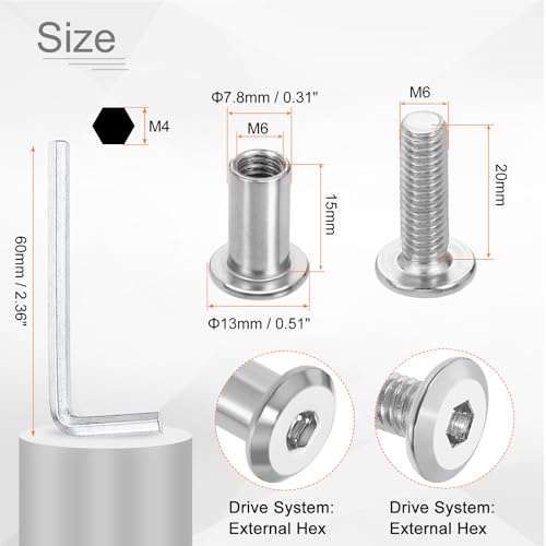 HARFINGTON 10 Set M6x20mm Hex Drive Socket Cap Bolt and M6x15mm Nuts with M4 Hex Wrench, Furniture Connector Bolts and Screws for Furniture Countersunk Belt, Silver - size: M6x20mm, M6x15mm