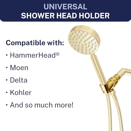 HammerHead Showers Solid Metal Handheld Showerhead Holder, Adjustable Wand Holder with Universal Wall Hook Bracket and Brass Pivot Ball, Brushed Gold - color: Brushed Gold