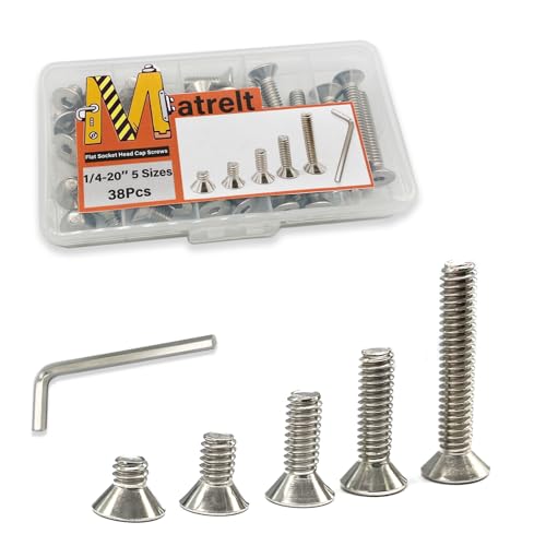 38pcs 1/4-20 5 Sizes Countersunk Head Screws, Flat Socket Head Cap Screws Assortment Kit with Allen Keys, 304 Stainless Steel Socket Cap Bolts Flat Countersunk Head Machine Screws - size: 304-5Size-1/4-38P