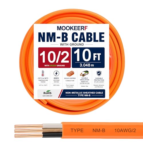 10/2 Wire with Ground - 10FT 10 Gauge NM-B Non-Metallic Sheathed Cable 100% Pure Copper 10 AWG 2 Conductor Residential Indoor Wire for Outlets, Switches, Other Loads and Lighting Wiring Projects etc. - size: 10FT, style: 10AWG/2