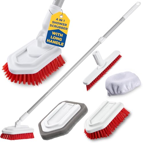 Shower Scrubber with Long Handle, Stiff Bristles Grout-Brush, Tub Scrub-Brush with Long-Handle, Shower-Cleaner Brush - color: White