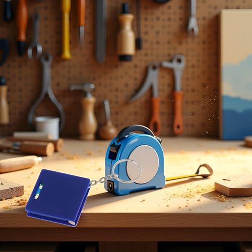 Blue Mini Keychain Tape Measure with Square & Bubble Level, 1m Steel Ruler, Portable Measuring Tool, Small Retractable Tape Measure Keychain