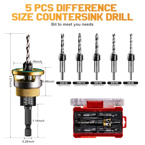 9 Pcs Countersink Drill Bit Set - 5 Pcs 2-Flute TCT Tapered Drill Bits with Adjustable Aluminum Alloy Depth Stop Collar, Bearing Stopper Anti-Scratch, 82° Counterbores, 1/4” Hex Shank for Woodworking - color: Yellow