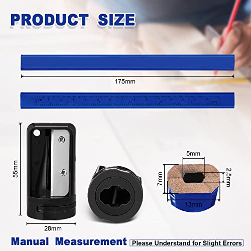 Honoson 200 Pcs Flat Construction Pencils with Printed Ruler Wood Graphite 2 Pcs Carpenter Pencil Sharpener for Woodworking Marking Tool(Blue) - color: Blue