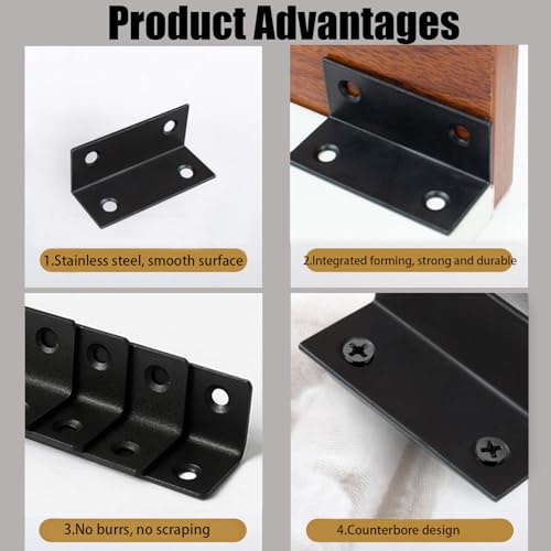 10PCS L Bracket 2.4"x1" Stainless Steel Corner Brace Heavy Duty 90 Degree Corner Fastener Black Large Angle Brackets for Wood Furniture Bedframe Cabinet Drawer Chair with Mounting Screws - size: 10PCS 2.4"x1"