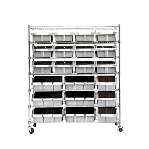 7-Tier NSF 21-Bin Steel Wire Shelving Rack, 48"W x 14"D x 56"H, Gray | 21 slide-out bins with tilt-lock design keep supplies organized, accessible - color: Gray, size: Includes 21 Bins