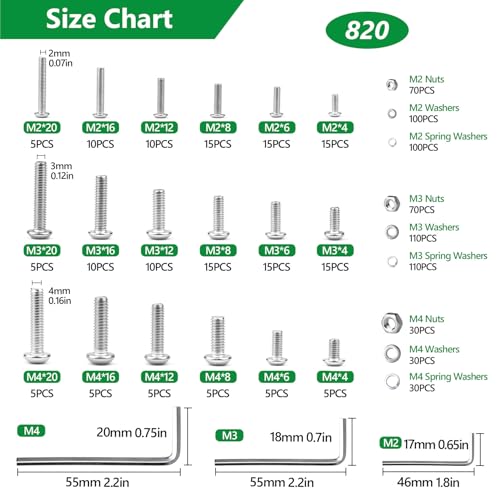820Pcs Screw Assortment Kit, M2-M4 Stainless Steel Hex Button Cap Bolts - size: SS M2 M3 M4 820pcs 2