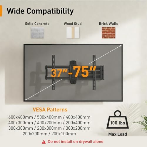 Perlegear Corner TV Wall Mount Long Arm TV Mount Bracket for 37-75 Inch TVs - size: Fits 37-75'' TVs / Max 600x400mm