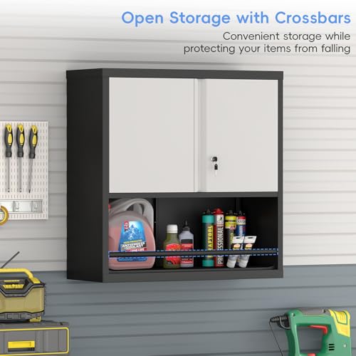 Garage Locking Cabinet, Wall Storage Cabinet with Shelves, Hanging Cabinets with Open Storage, Small Wall Cabinet, Lockable Tool Cabinet for Basement, School, Office - color: 31"h - Grey/Black