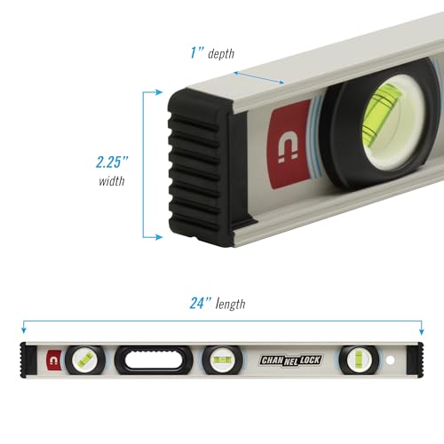 CHANNELLOCK 24-Inch, Professional-Grade Magnetic Aluminum I-Beam Level with 3 Vials, 5100-0024M